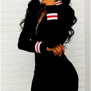Zip Up Striped Print Dress, Casual Long Sleeve Bodycon Midi Dress ~ Size L NWT